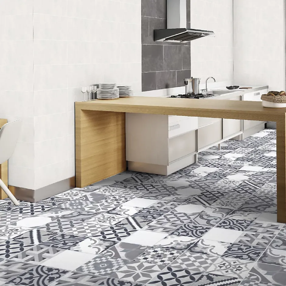 Carrelage sol et mur effet carreaux de ciment tons gris L.45 x l.45 cm x ép. 8,5 mm, Delicati