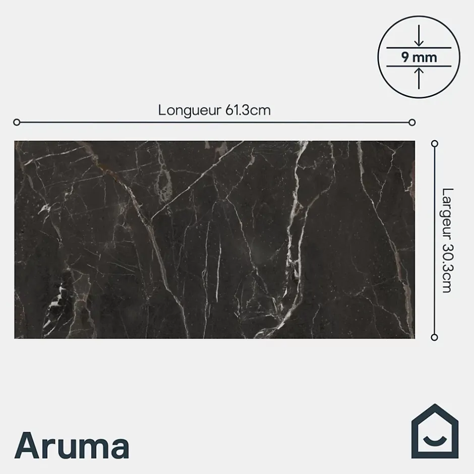 Carrelage sol et mur effet marbre anthracite brillant L.61,3 x l.30,3 cm x ép.9 mm, Aruma-GoodHome Sale