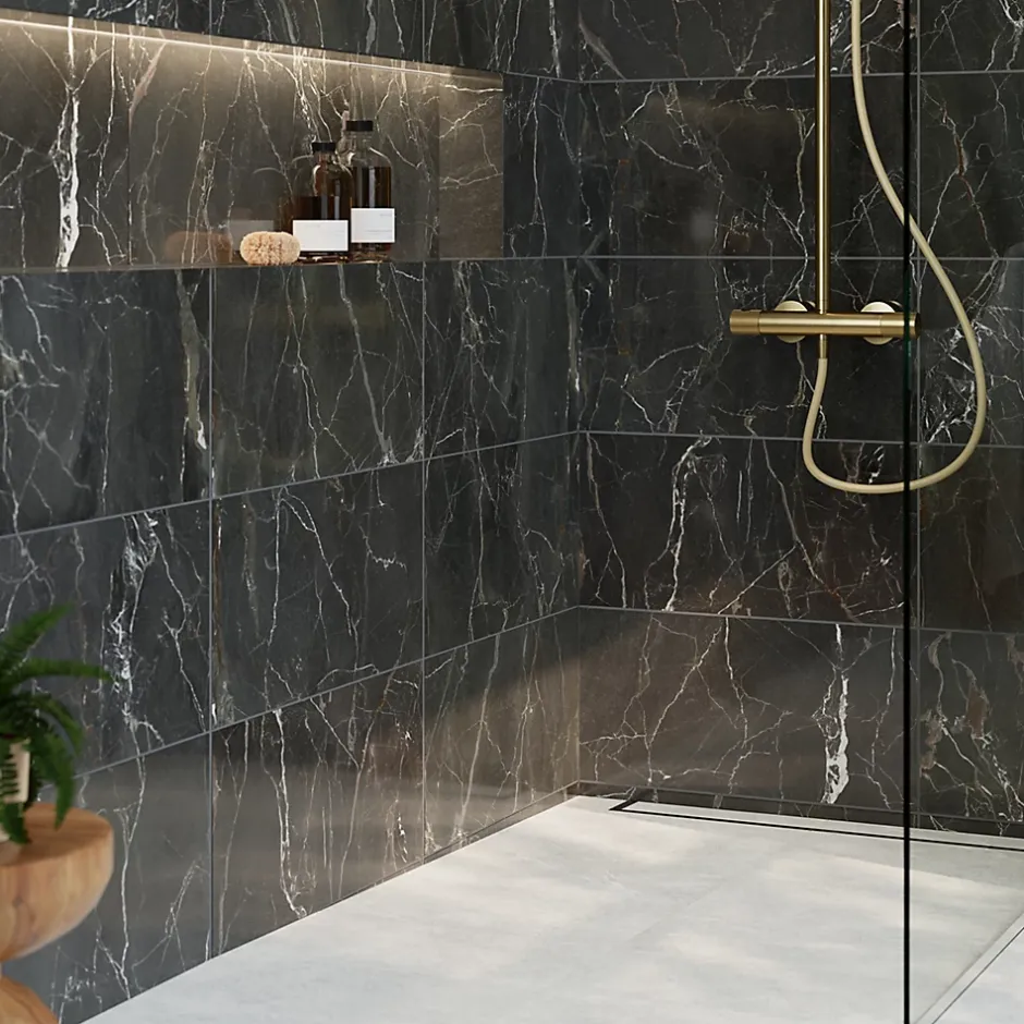 Carrelage sol et mur effet marbre anthracite brillant L.61,3 x l.30,3 cm x ép.9 mm, Aruma-GoodHome Sale