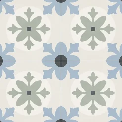 Carrelage sol et mur effet carreaux de ciment tons bleus et verts L.45 x l.45 cm x ép.9,5 mm, Mediterranea Javea-Mykonos New