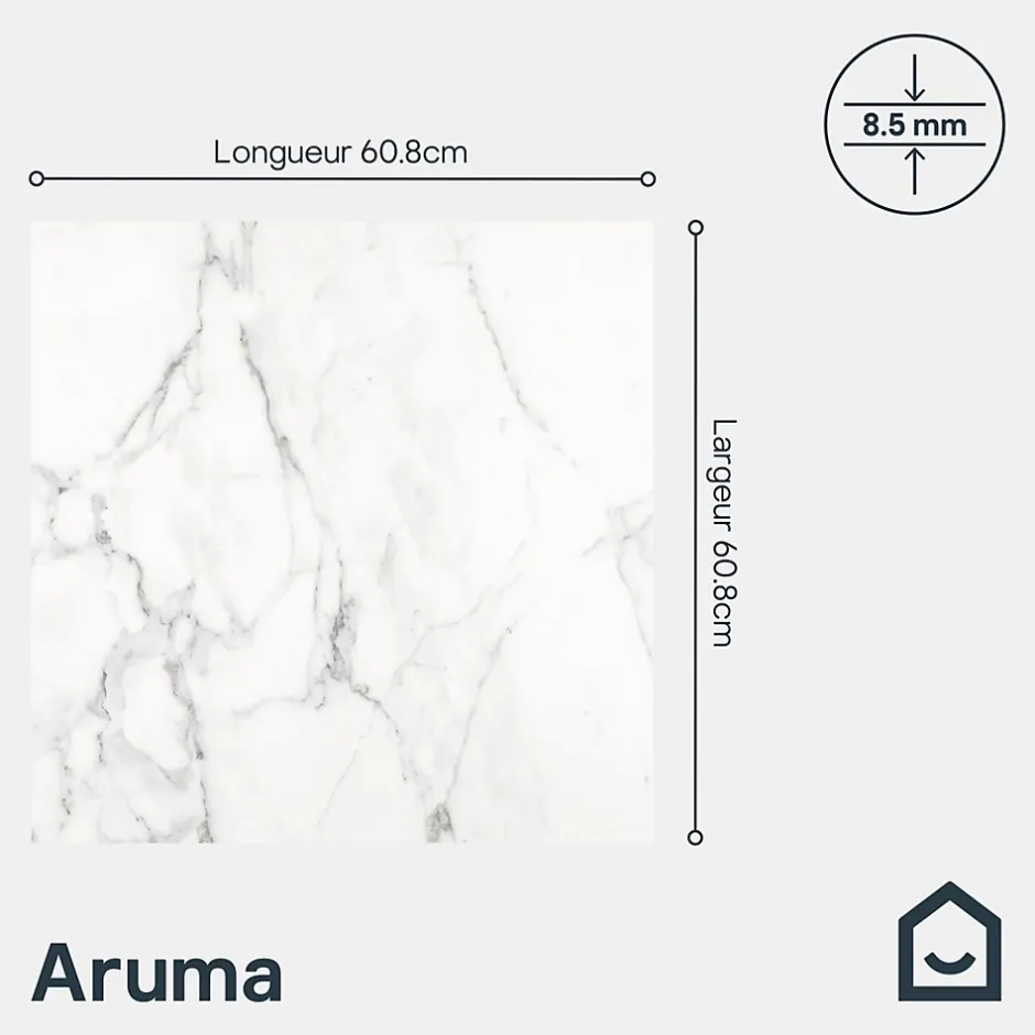 Carrelage sol et mur effet marbre blanc brillant L.60,8 x l.60,8 cm x ép.8,5 mm, Aruma-GoodHome Outlet