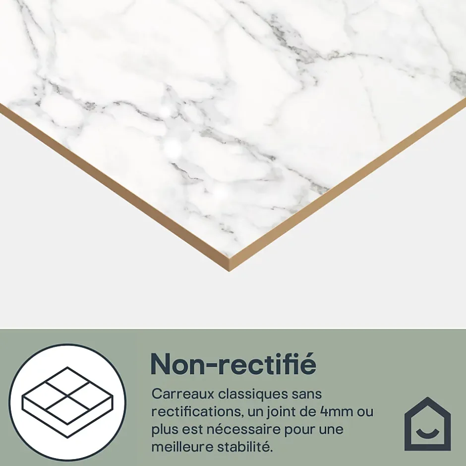 Carrelage sol et mur effet marbre blanc brillant L.60,8 x l.60,8 cm x ép.8,5 mm, Aruma-GoodHome Outlet