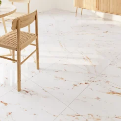 GoodHome Carrelage sol et mur effet marbre blanc et doré brillant L.60,8 x l.60,8 cm x ép.8,5 mm - lot de 4, Aruma