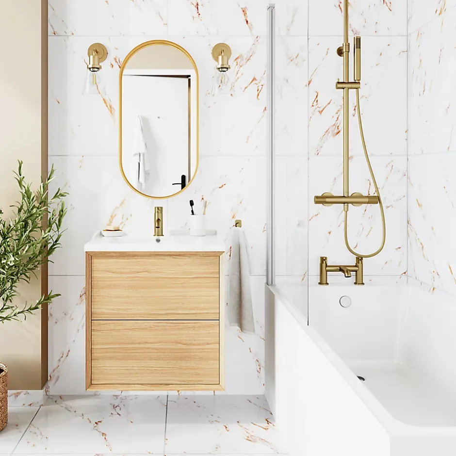 GoodHome Carrelage sol et mur effet marbre blanc et doré brillant L.60,8 x l.60,8 cm x ép.8,5 mm - lot de 4, Aruma