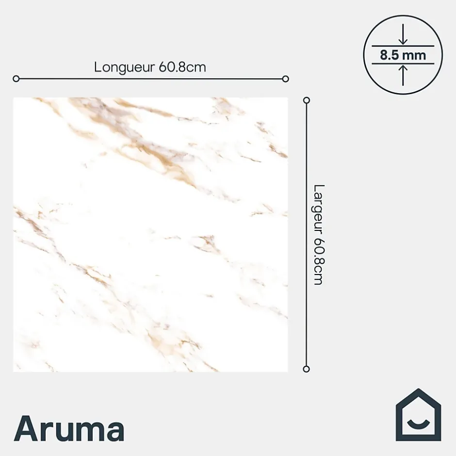 GoodHome Carrelage sol et mur effet marbre blanc et doré brillant L.60,8 x l.60,8 cm x ép.8,5 mm - lot de 4, Aruma