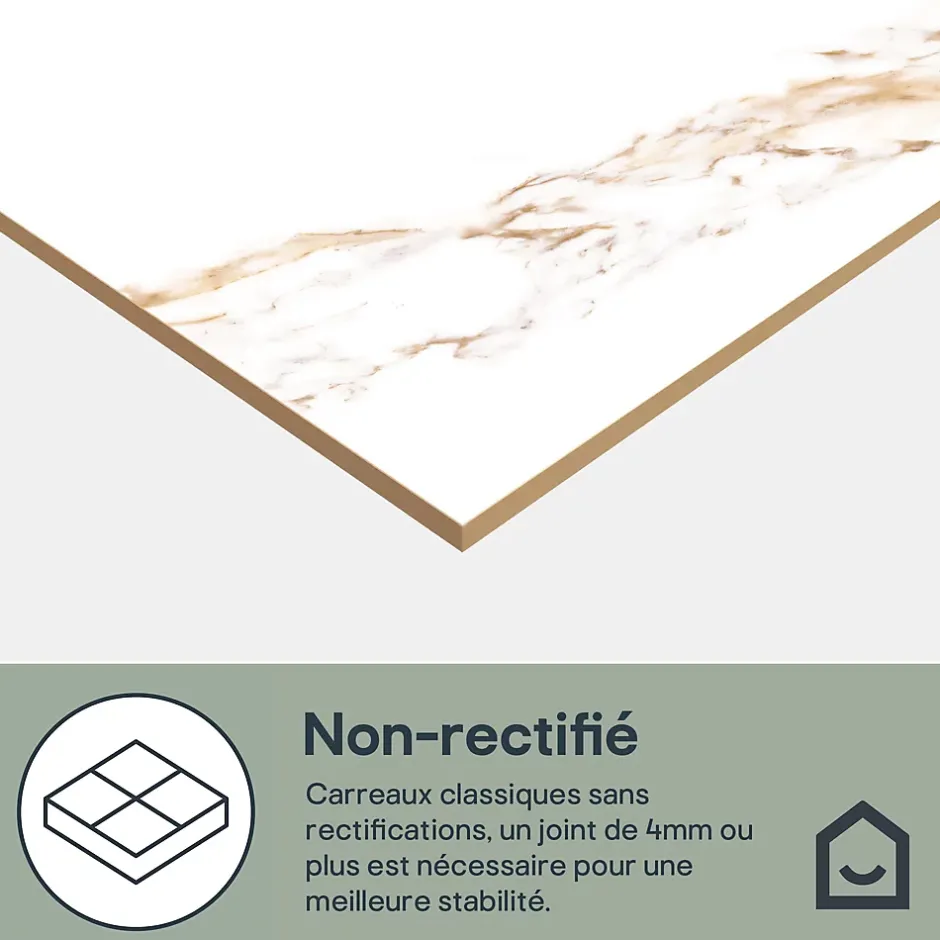 GoodHome Carrelage sol et mur effet marbre blanc et doré brillant L.60,8 x l.60,8 cm x ép.8,5 mm - lot de 4, Aruma