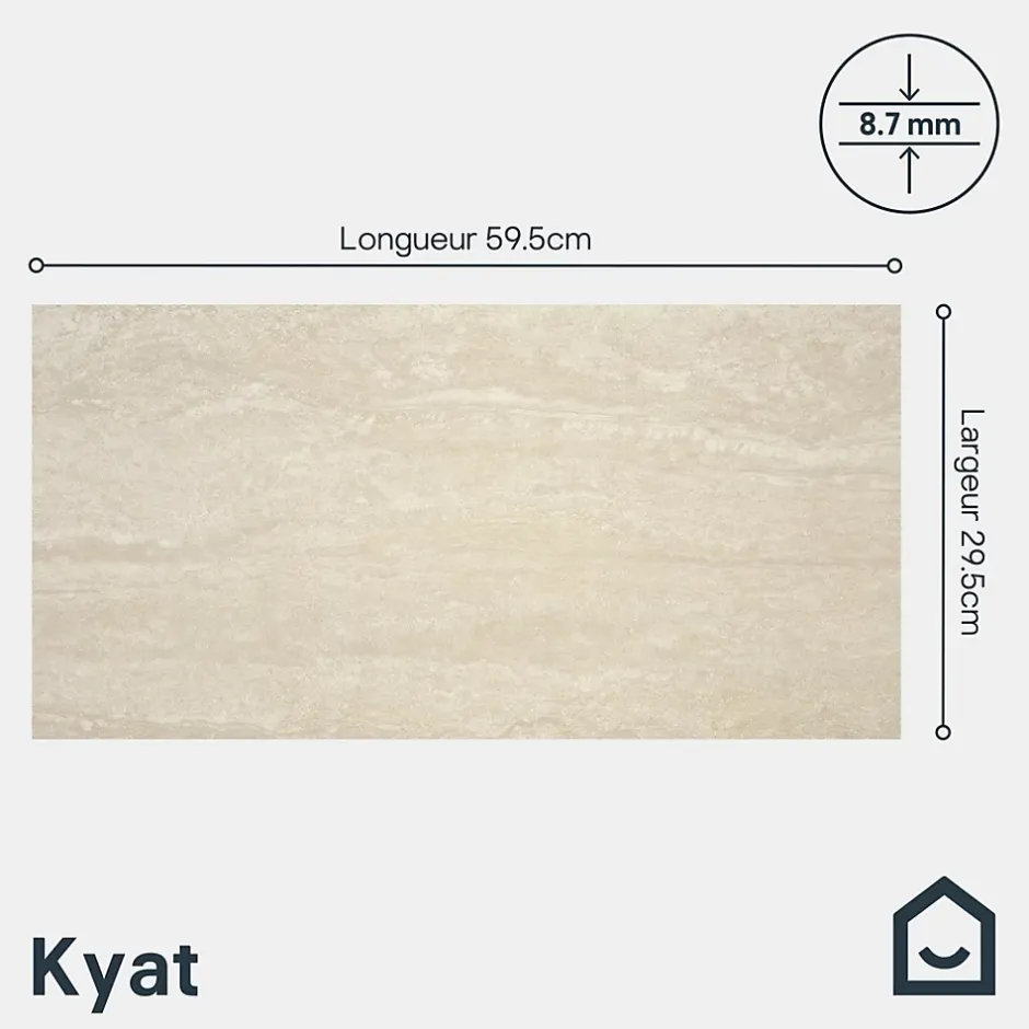 GoodHome Carrelage sol et mur intérieur beige effet pierre L.59,5 x l.29,5 cm x ép.8,7 mm, Kyat