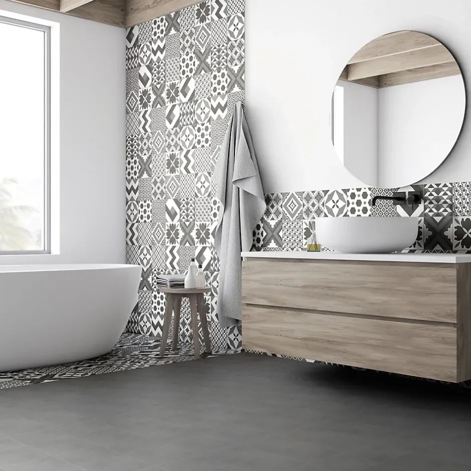 Carrelage sol et mur intérieur effet carreaux de ciment noirs et blancs L.20 x l.20 cm x ép.7,4 mm, Glamour Slate Mix- Outlet