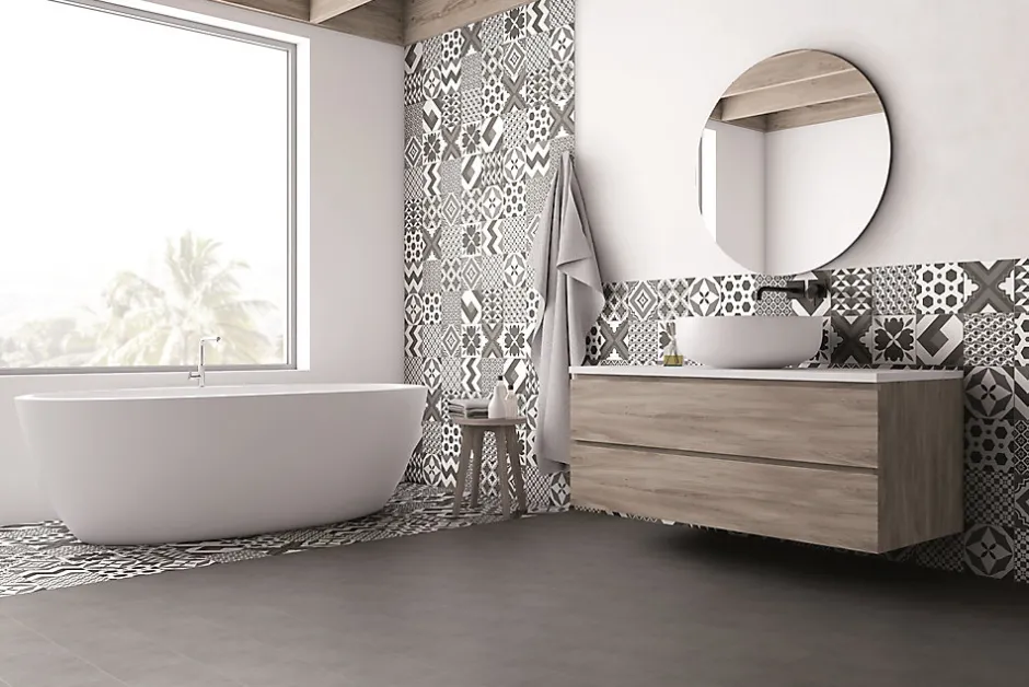 Carrelage sol et mur intérieur effet carreaux de ciment noirs et blancs L.20 x l.20 cm x ép.7,4 mm, Glamour Slate Mix- Outlet