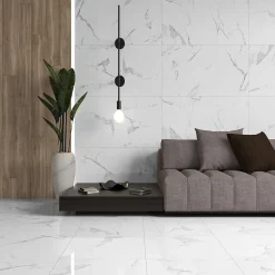 Ecoceramic Carrelage sol et mur intérieur en grès effet marbre blanc brillant L.60 x l.30 cm x ép.8,5 mm, Aria