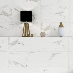 Ecoceramic Carrelage sol et mur intérieur en grès effet marbre blanc brillant L.60 x l.30 cm x ép.8,5 mm, Aria