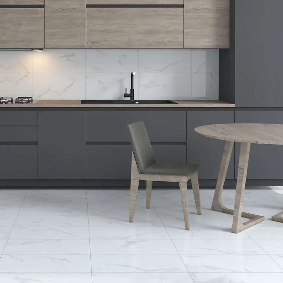 Ecoceramic Carrelage sol et mur intérieur en grès effet marbre blanc brillant L.60 x l.30 cm x ép.8,5 mm, Aria