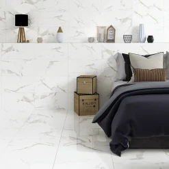Ecoceramic Carrelage sol et mur intérieur en grès effet marbre blanc brillant L.60 x l.30 cm x ép.8,5 mm, Aria