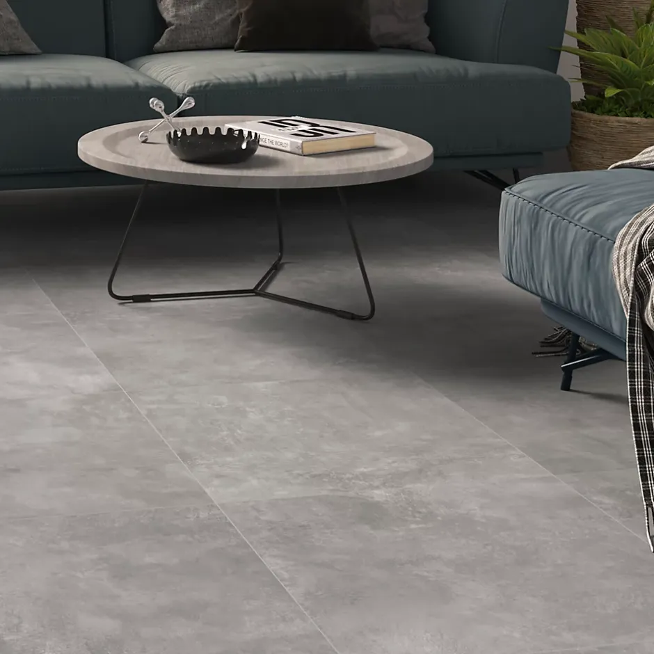 Carrelage sol et mur intérieur gris moyen effet béton L.60 x l.60 cm x ép.9,5 mm, District-Ecoceramic Outlet