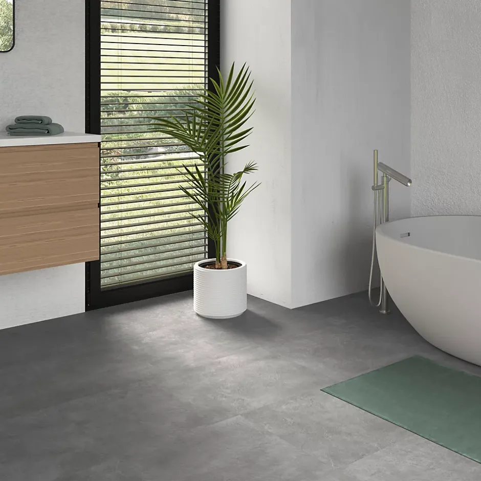 Carrelage sol et mur intérieur gris moyen effet béton L.60 x l.60 cm x ép.9,5 mm, District-Ecoceramic Outlet