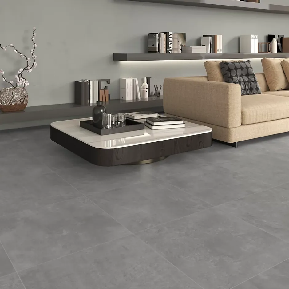 Carrelage sol et mur intérieur gris moyen effet béton L.60 x l.60 cm x ép.9,5 mm, District-Ecoceramic Outlet