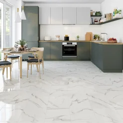 Carrelage sol et mur intérieur effet marbre blanc brillant L.33,3 x l.33,3 cm x ép.9,1 mm, Cavana Calacatta- Hot