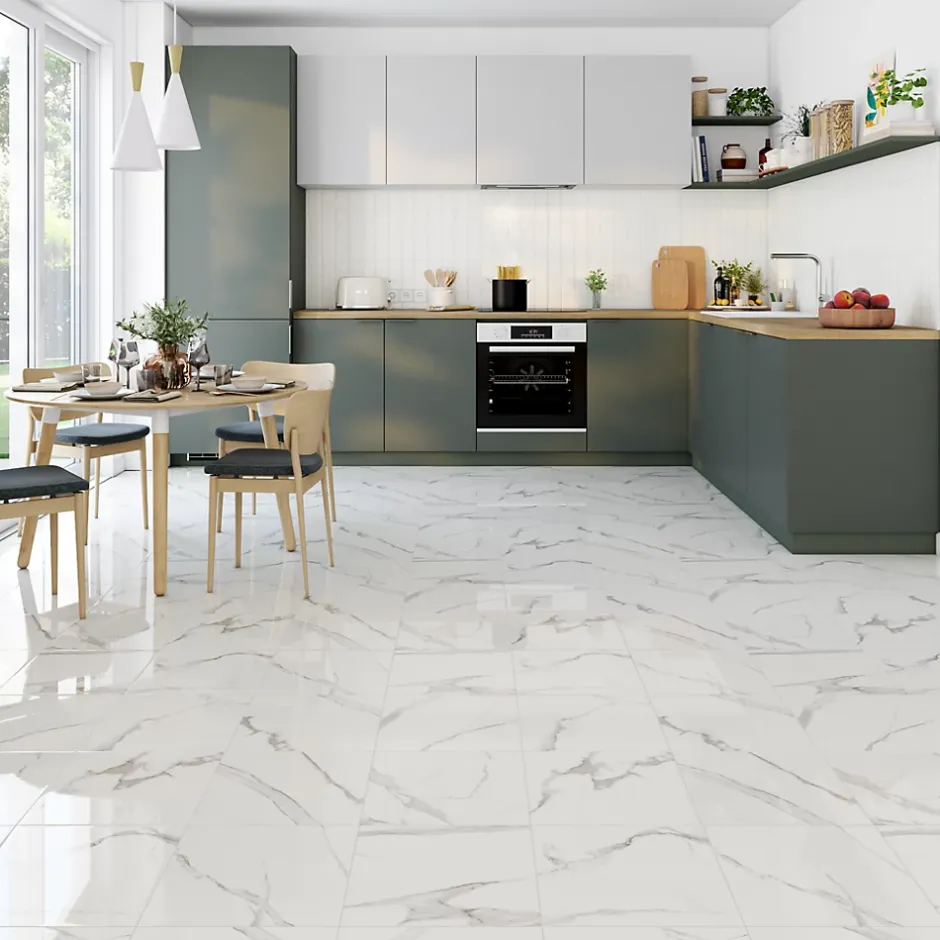 Carrelage sol et mur intérieur effet marbre blanc brillant L.33,3 x l.33,3 cm x ép.9,1 mm, Cavana Calacatta- Hot