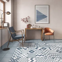 Carrelage sol et mur intérieur effet carreaux de ciment tons bleus L.20 x l.20 cm x ép.7,4 mm, Glamour Océan Mix- Best