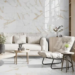 Carrelage sol et mur intérieur en grès cérame émaillé effet marbre blanc et doré poli L.60 x l.30 cm x ép.9 mm, Fiordo Reve- New