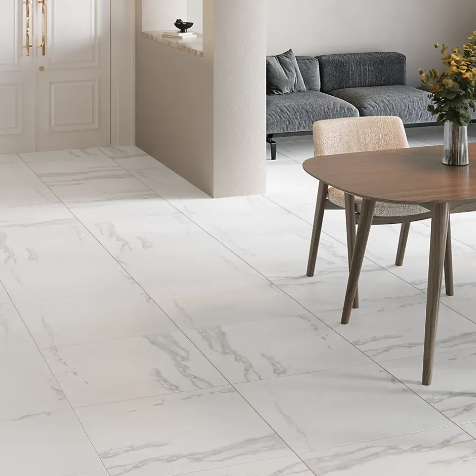 Carrelage sol et mur intérieur en grés cérame émaillé effet marbre blanc poli L.60 x l.60 cm x ép.9 mm, Ultimate Marble-GoodHome Outlet