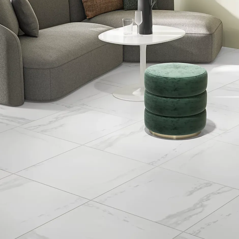 Carrelage sol et mur intérieur en grés cérame émaillé effet marbre blanc poli L.60 x l.60 cm x ép.9 mm, Ultimate Marble-GoodHome Outlet