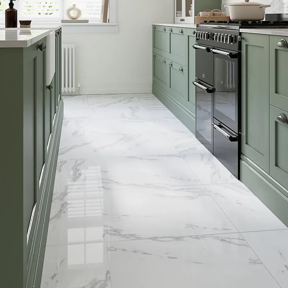 Carrelage sol et mur intérieur en grés cérame émaillé effet marbre blanc poli L.60 x l.60 cm x ép.9 mm, Ultimate Marble-GoodHome Outlet