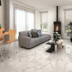 Ecoceramic Carrelage sol et mur intérieur en grès effet marbre blanc brillant L.60 x l.60 cm x ép.8,5 mm, Aria