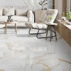 Carrelage sol et mur intérieur en grès cérame effet marbre blanc poli L.60 x l.60 cm x ép.9 mm, Fiordo Reve- Hot