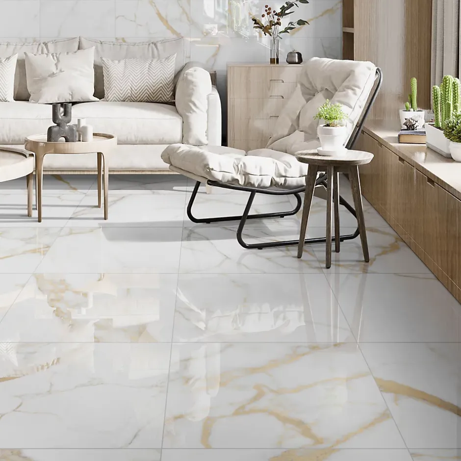 Carrelage sol et mur intérieur en grès cérame effet marbre blanc poli L.60 x l.60 cm x ép.9 mm, Fiordo Reve- Hot