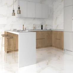 Carrelage sol et mur intérieur grès cérame émaillé effet marbre blanc mat et doré L.60 x l.60 cm x ép.8,5 mm, Aster-Ecoceramic