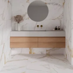 Carrelage sol et mur intérieur grès cérame émaillé effet marbre blanc mat et doré L.60 x l.60 cm x ép.8,5 mm, Aster-Ecoceramic