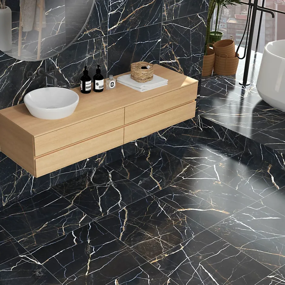 Baldocer Carrelage sol et mur intérieur en grès cérame effet marbre noir et or L.60 x l.60 cm x ép.9 mm, Moonlight