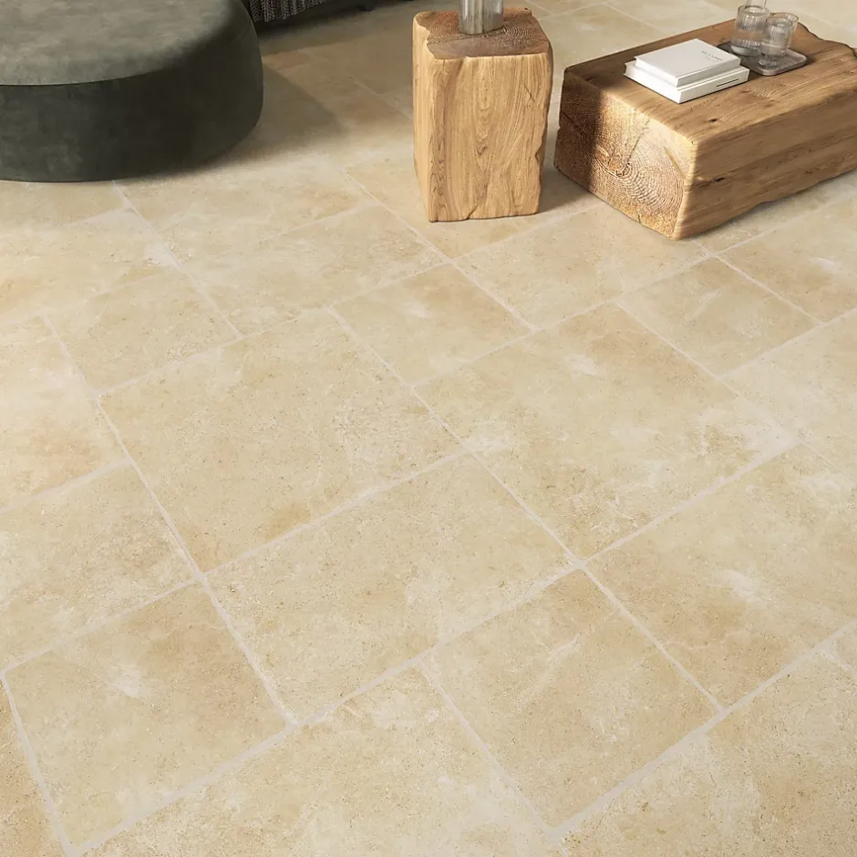 Carrelage sol et mur intérieur effet pierre ivoire mat L.50 x l.50 cm x ép.9 mm, Sunstone