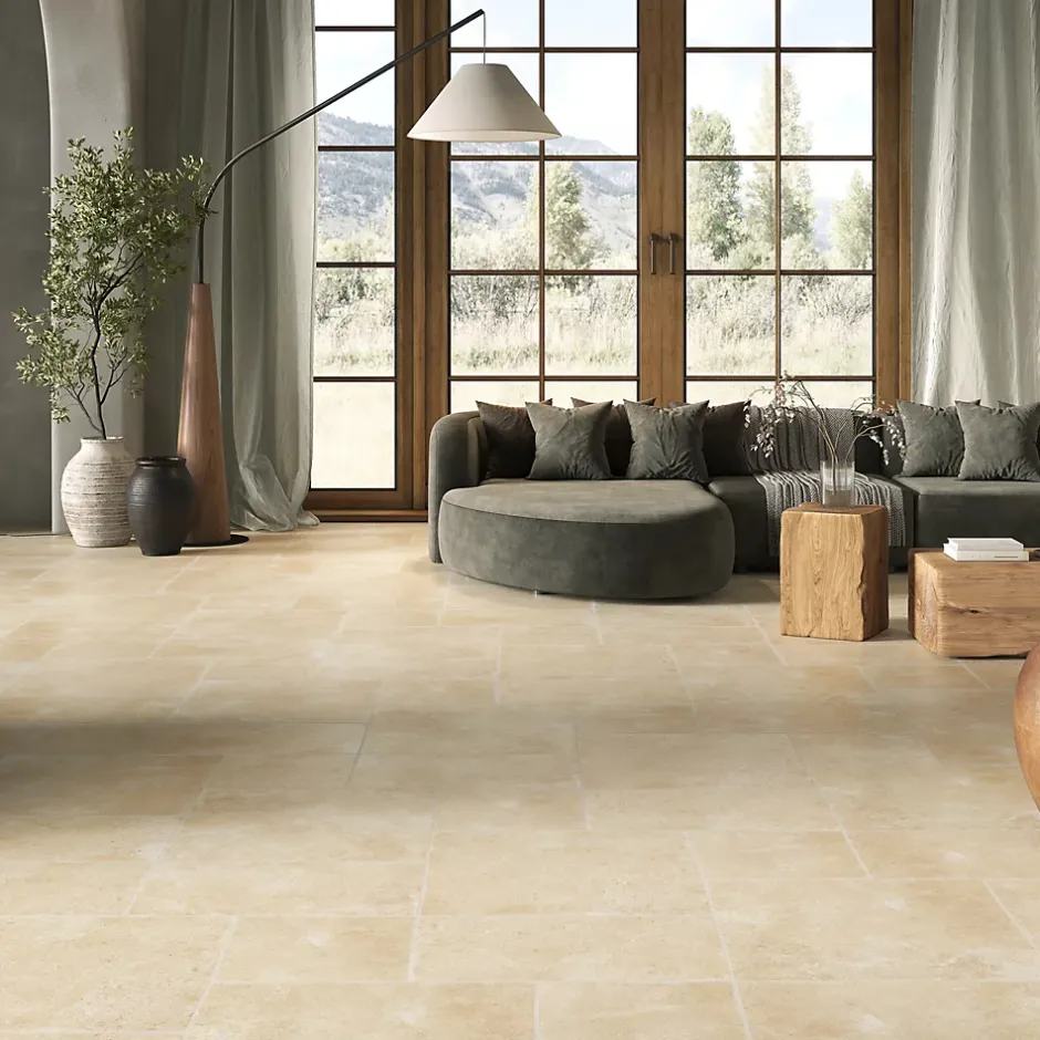 Carrelage sol et mur intérieur effet pierre ivoire mat L.50 x l.50 cm x ép.9 mm, Sunstone