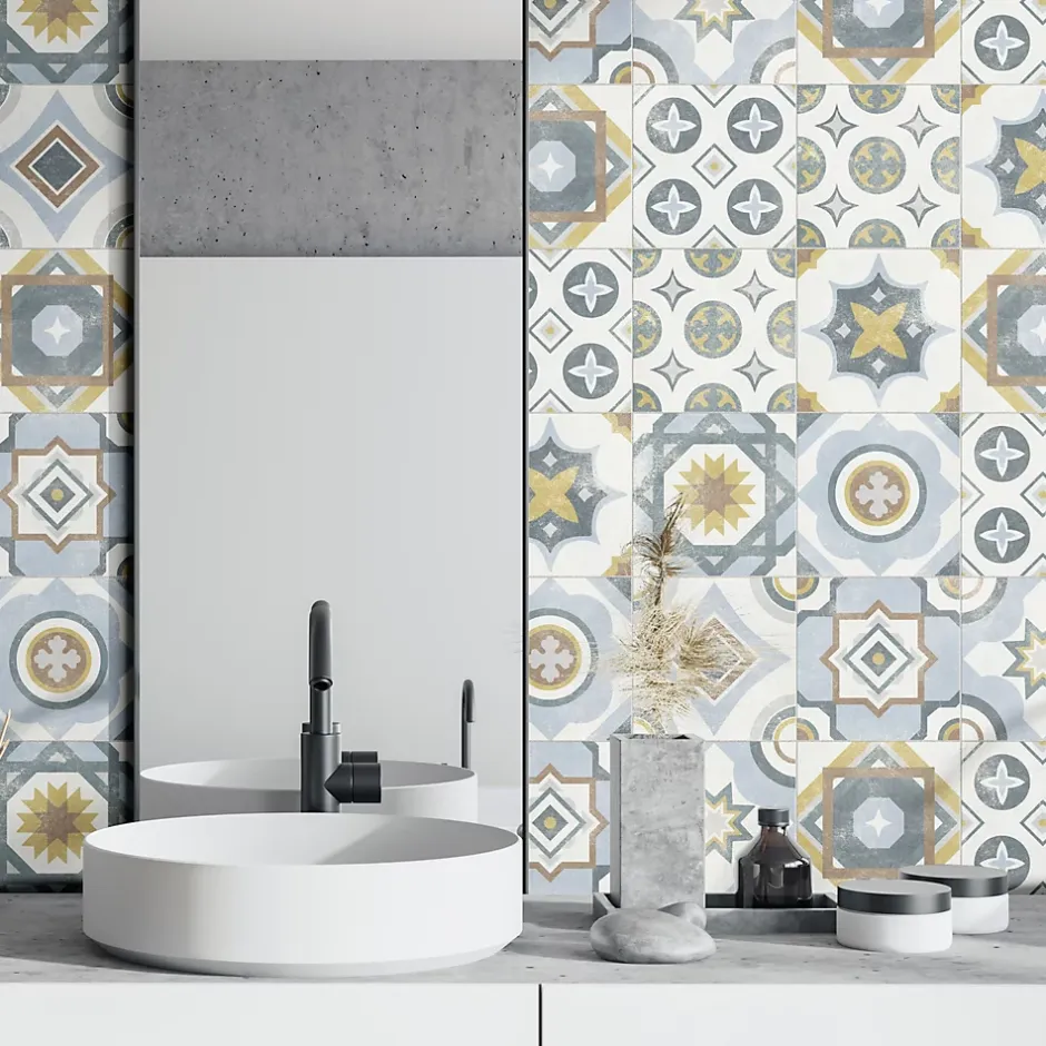 Carrelage sol et mur intérieur effet carreaux de ciment tons bleus et ocres L.20 x l.20 cm x ép.7,4 mm, Liberty bleu