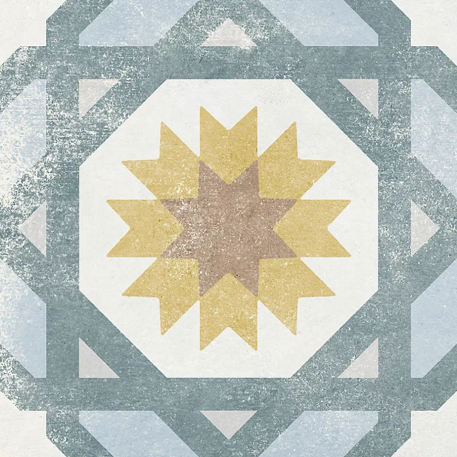 Carrelage sol et mur intérieur effet carreaux de ciment tons bleus et ocres L.20 x l.20 cm x ép.7,4 mm, Liberty bleu