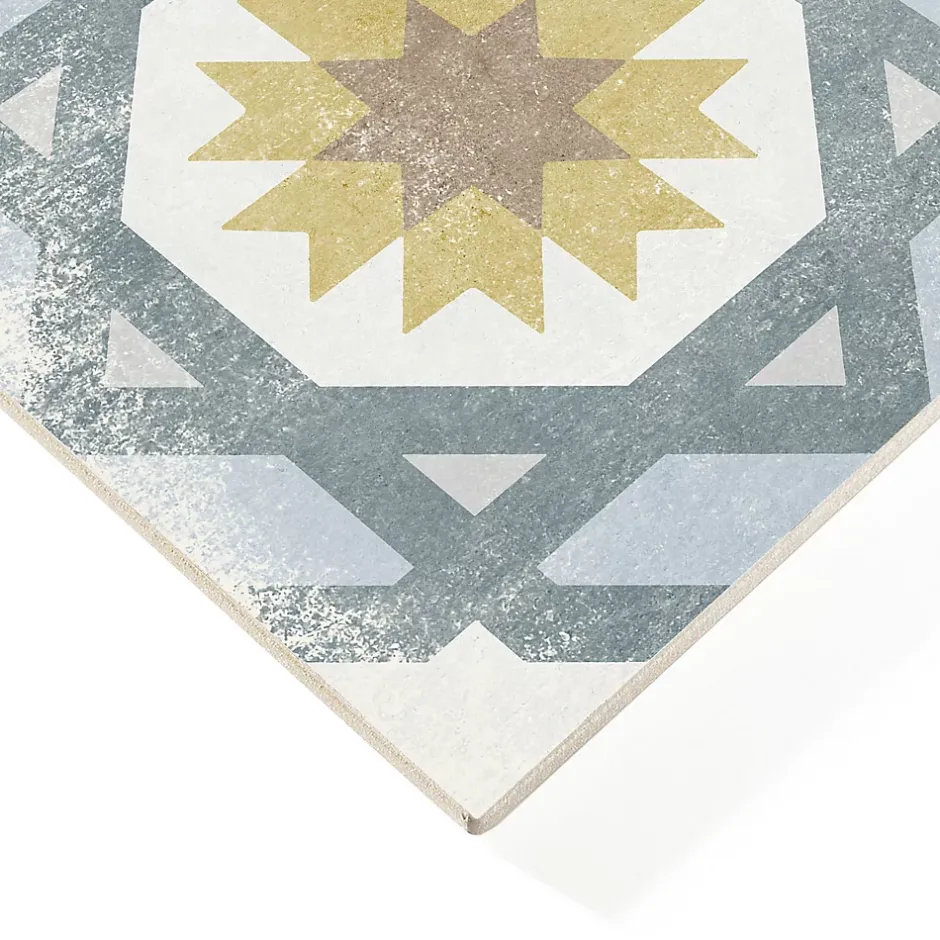Carrelage sol et mur intérieur effet carreaux de ciment tons bleus et ocres L.20 x l.20 cm x ép.7,4 mm, Liberty bleu