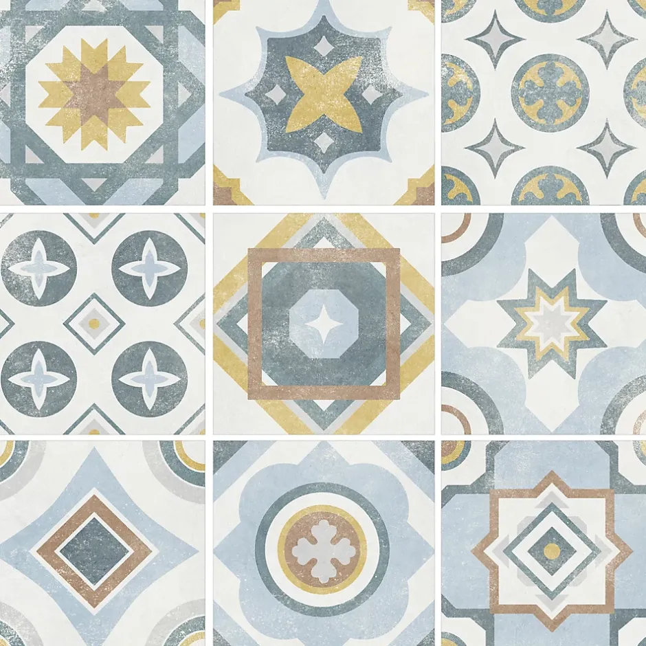 Carrelage sol et mur intérieur effet carreaux de ciment tons bleus et ocres L.20 x l.20 cm x ép.7,4 mm, Liberty bleu