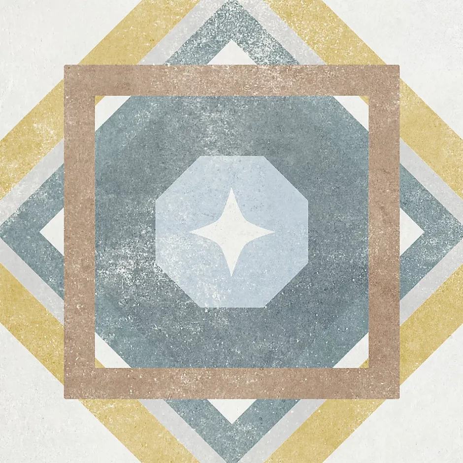 Carrelage sol et mur intérieur effet carreaux de ciment tons bleus et ocres L.20 x l.20 cm x ép.7,4 mm, Liberty bleu