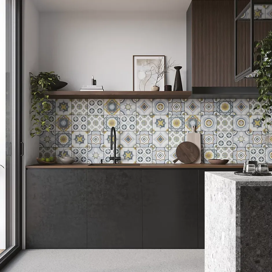 Carrelage sol et mur intérieur effet carreaux de ciment tons bleus et ocres L.20 x l.20 cm x ép.7,4 mm, Liberty bleu