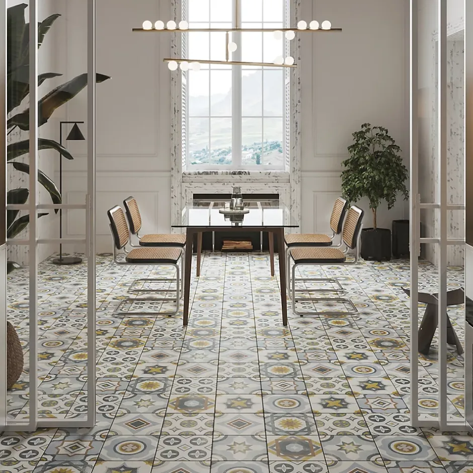 Carrelage sol et mur intérieur effet carreaux de ciment tons bleus et ocres L.20 x l.20 cm x ép.7,4 mm, Liberty bleu