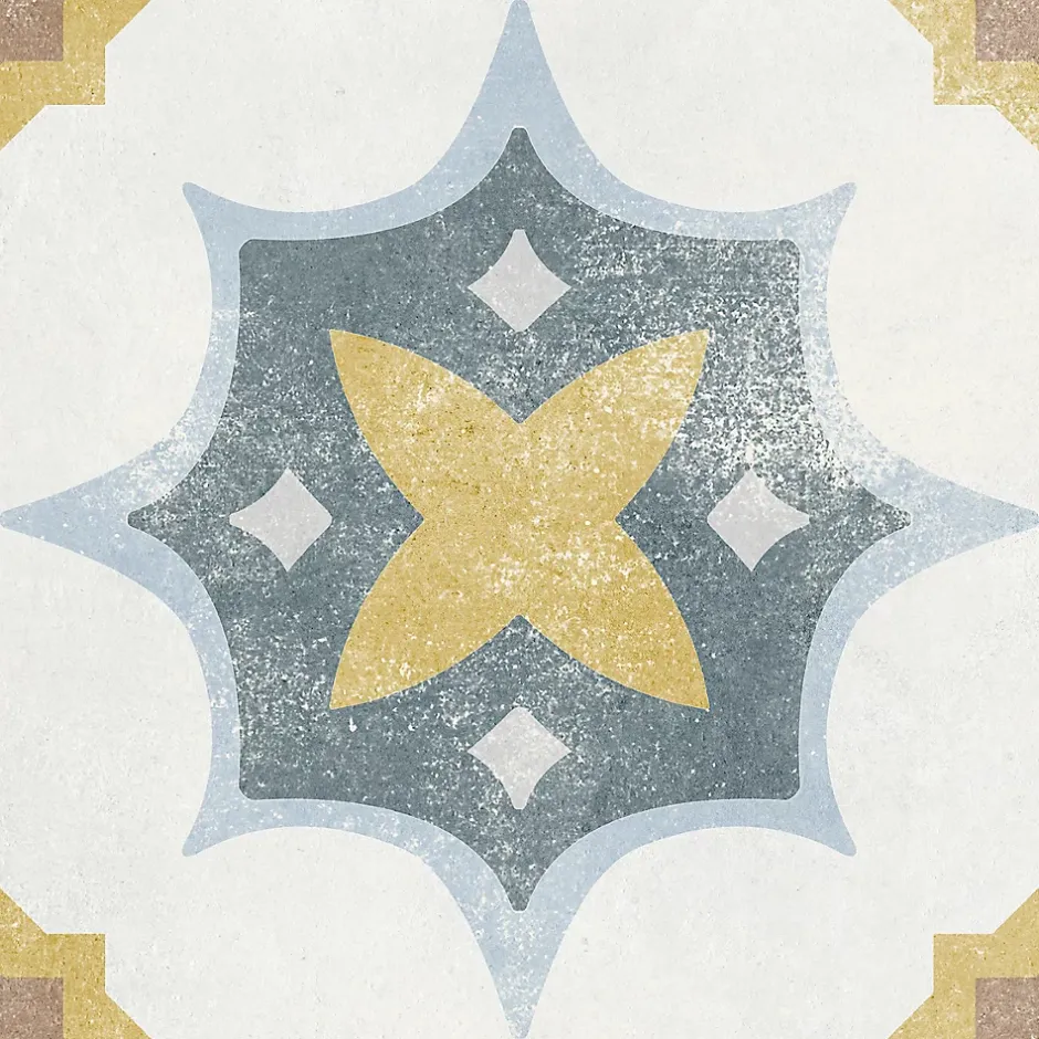 Carrelage sol et mur intérieur effet carreaux de ciment tons bleus et ocres L.20 x l.20 cm x ép.7,4 mm, Liberty bleu