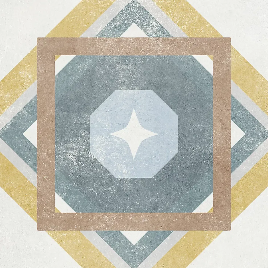 Carrelage sol et mur intérieur effet carreaux de ciment tons bleus et ocres L.20 x l.20 cm x ép.7,4 mm, Liberty bleu