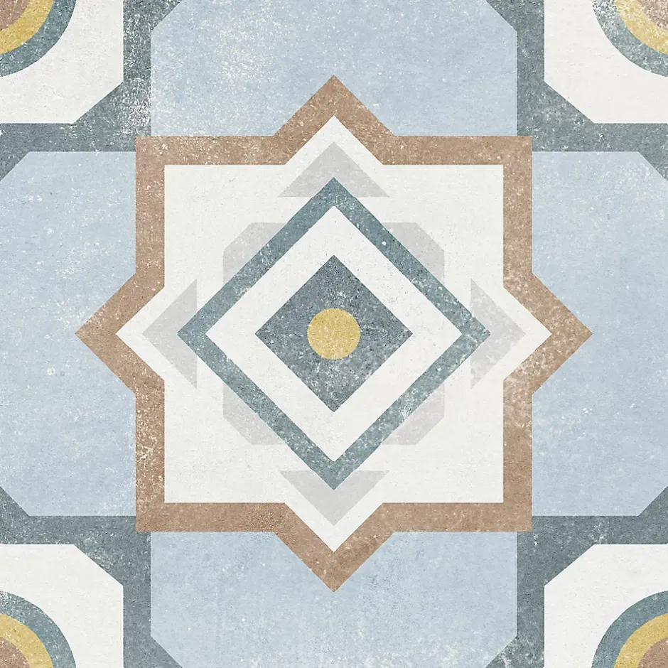 Carrelage sol et mur intérieur effet carreaux de ciment tons bleus et ocres L.20 x l.20 cm x ép.7,4 mm, Liberty bleu