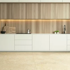 Carrelage sol et mur intérieur en grès cérame émaillé beige effet travertin mat L.119,8 x l.60 cm x ép.7,4 mm, Traverno- Discount