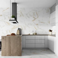Carrelage sol et mur intérieur en grès cérame émaillé effet marbre blanc et doré mat L.60 x l.30 cm x ép.9 mm, Fiordo Reve
