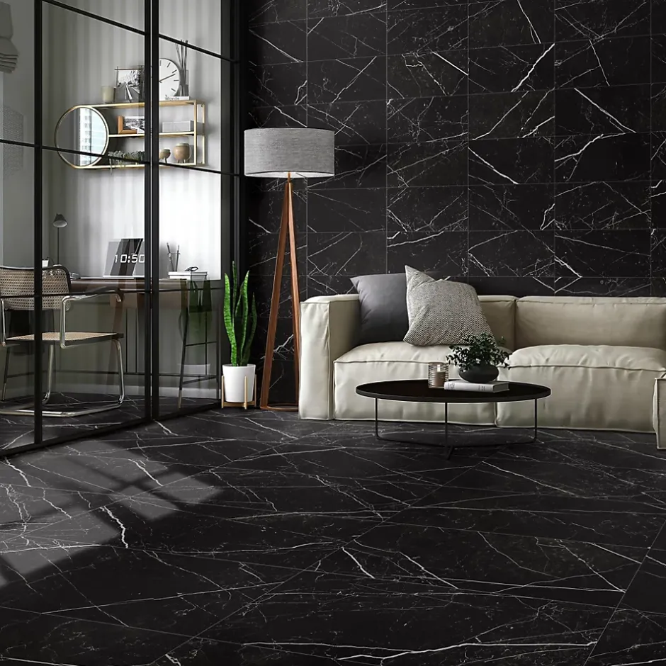 Carrelage sol et mur intérieur en grès cérame effet marbre noir mat L.120 x l.60 cm x ép.9 mm, Fiordo Tresor- Clearance