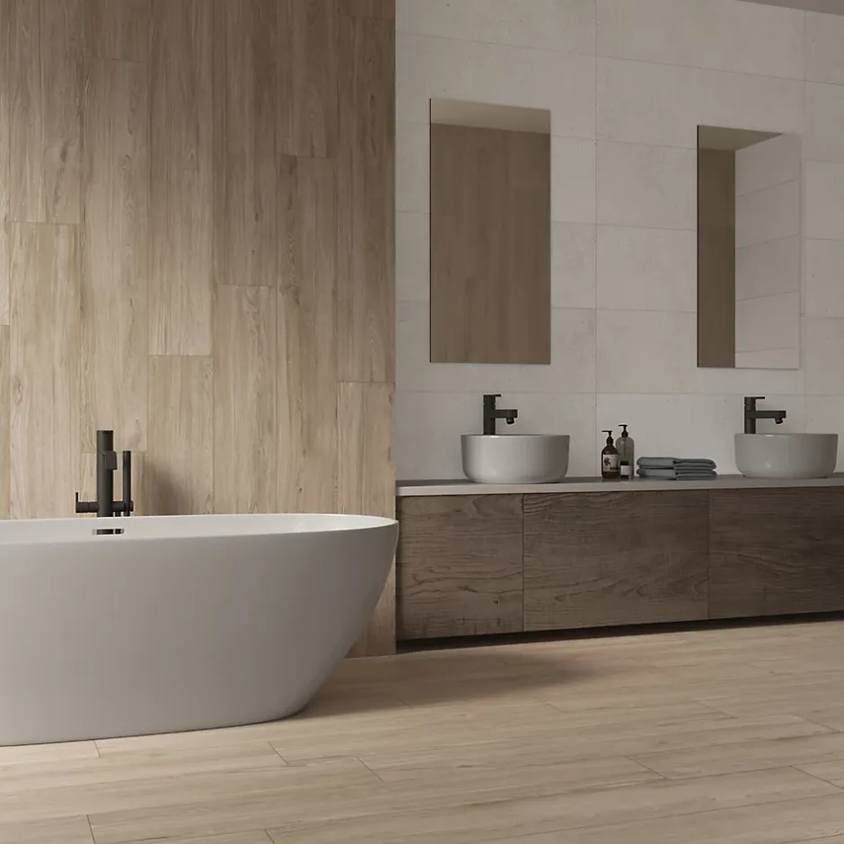 Carrelage sol et mur intérieur intérieur en grès cérame émaillé effet bois brut mat L.120 x l.20 cm x ép.9 mm, Atelier-Ecoceramic Hot