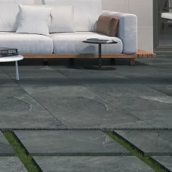 Ecoceramic Carrelage sol extérieur en grès cérame émaillé effet pierre anthracite l.60 x L.60 x ép.2 cm Pietra